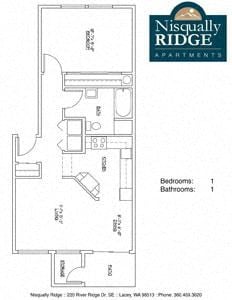Floor plan for 1 bed, 1 bath, 681 sqft